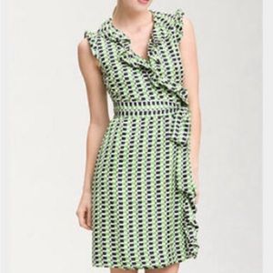 Kate Spade Aubrey Green Navy Silk Ruffled Neck Belted Wrap Dress size 4